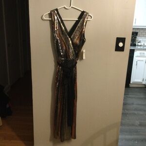 Julia Jordan Black/Gold/Red Sequin Sleeveless Dress with Black Sash, Size 4, NWT